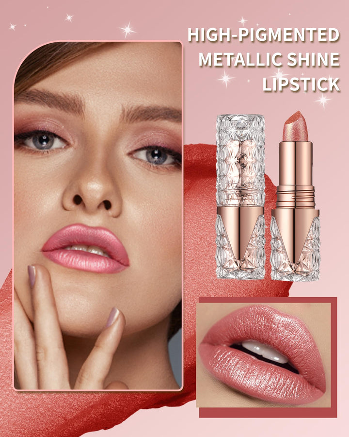Caedelfly Shimmer Lipstick Long Lasting for Women with Metallic 3D Shine Hydrating Formula, Diamond Nude Glitter Lip Balm Tinted Lip Gloss High Pigmented Lip Color Nonstick Trasferproof Lip Makeup-06