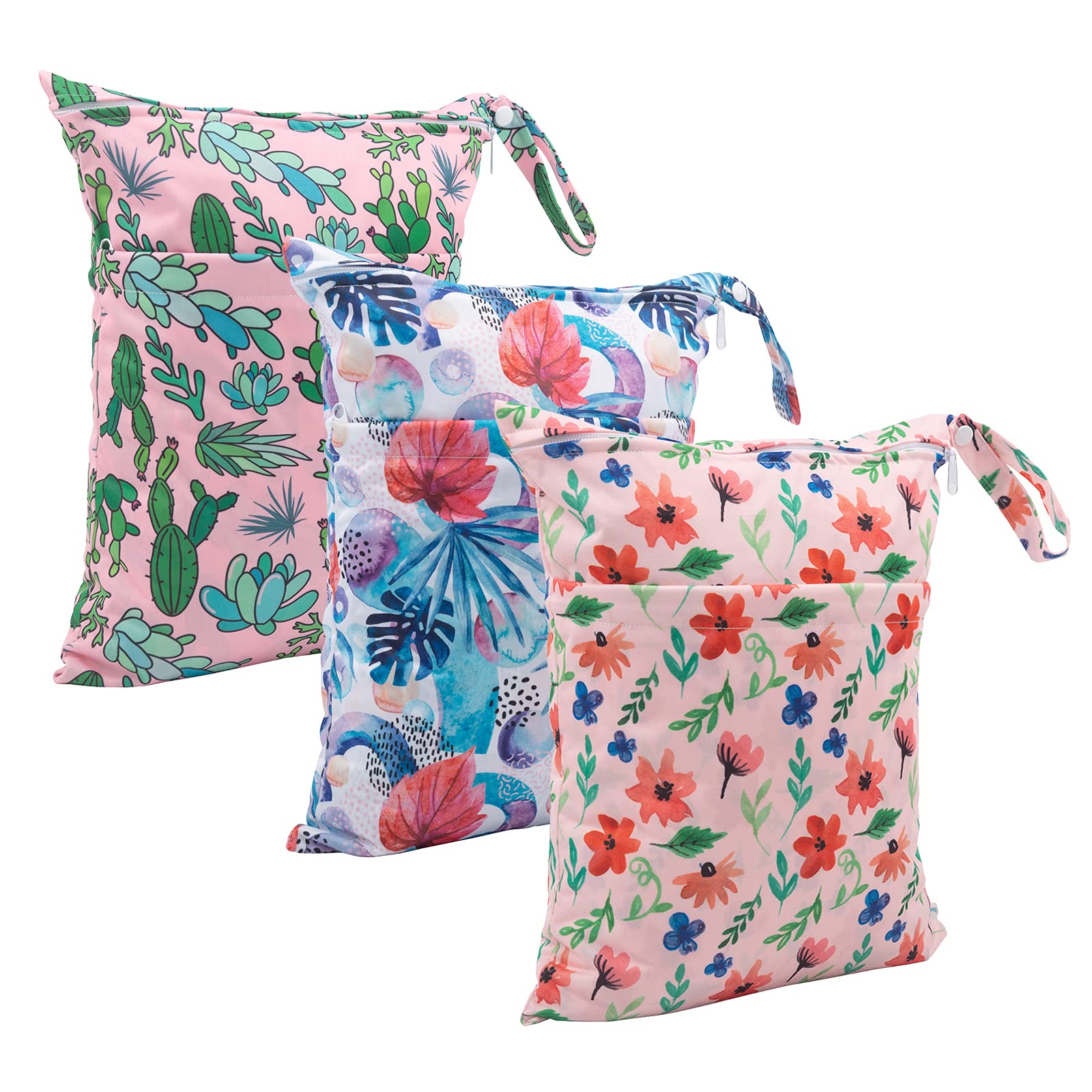 babygoal Wet Dry Bags for Baby Cloth Diapers, Washable Travel Bags, Beach, Pool, Gym Bag for Swimsuits & Wet Clothes with Two Zippered Pockets 3 Pack, 3LN18