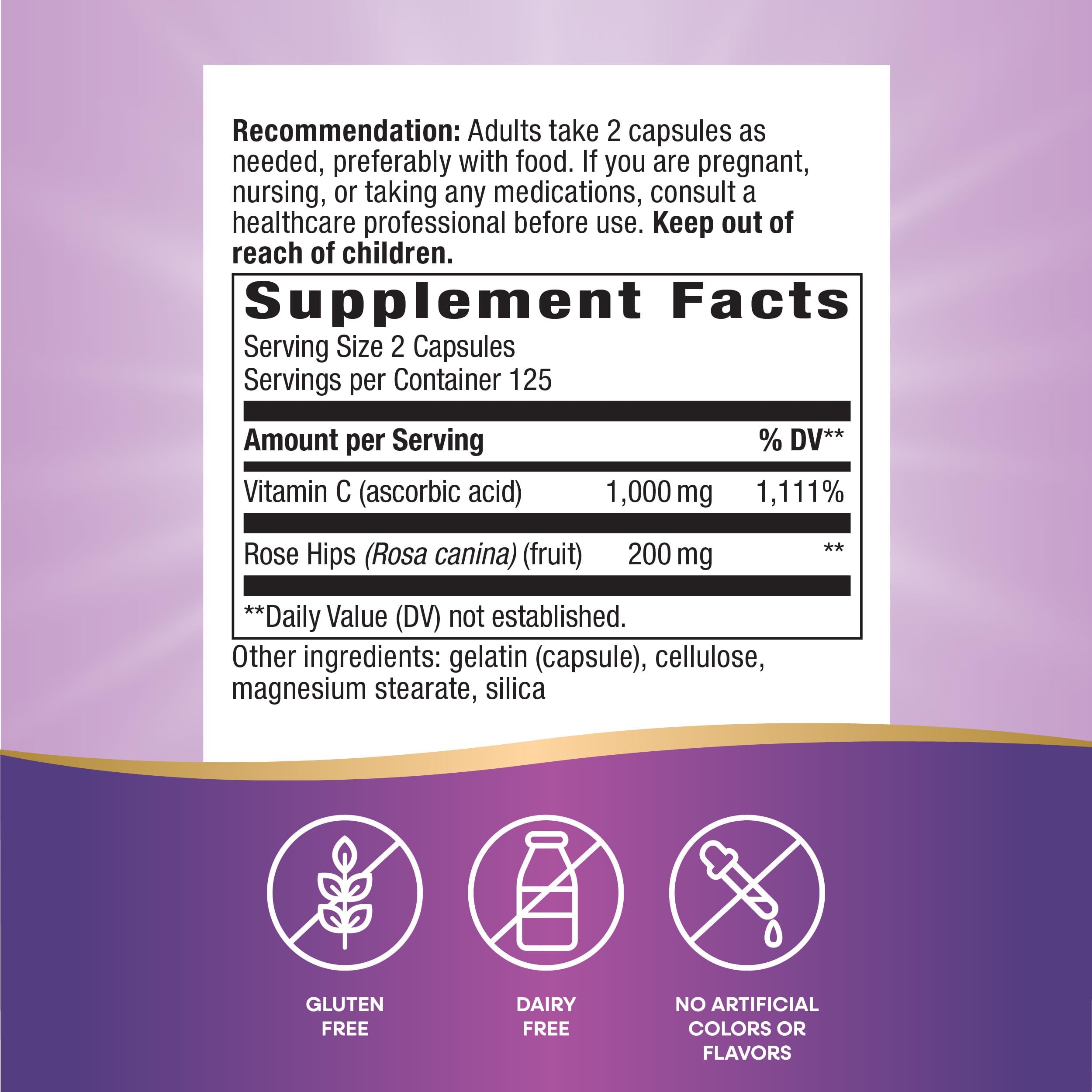 Nature's Way Vitamin C with Rose Hips, Antioxidant & Immune Function Support from vitamin C*, Promotes Collagen for Healthy Skin*, 1,000 mg per 2-Capsule Serving, 500 Capsules (Packaging May Vary)