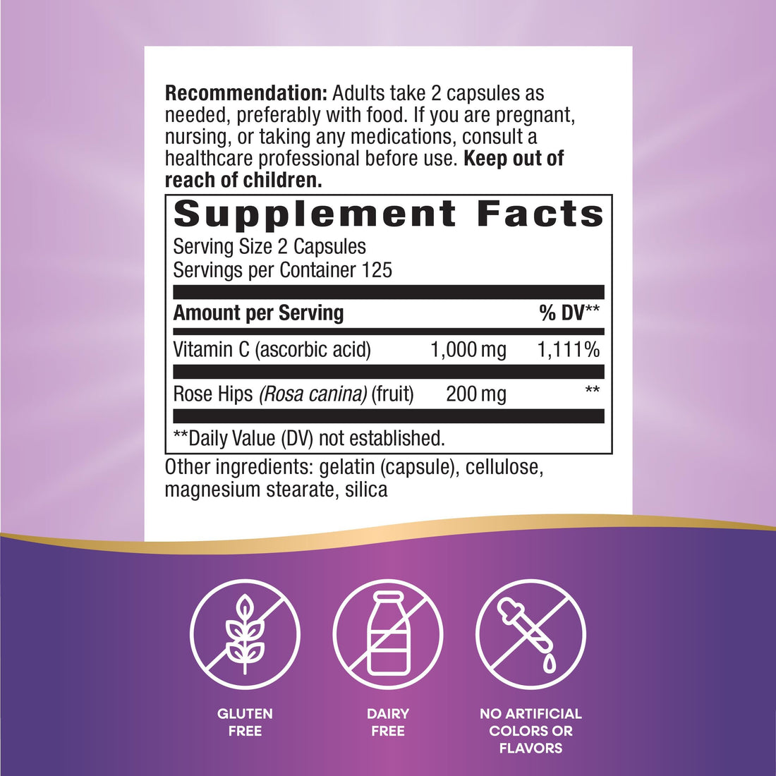 Nature's Way Vitamin C with Rose Hips, Antioxidant & Immune Function Support from vitamin C*, Promotes Collagen for Healthy Skin*, 1,000 mg per 2-Capsule Serving, 500 Capsules (Packaging May Vary)