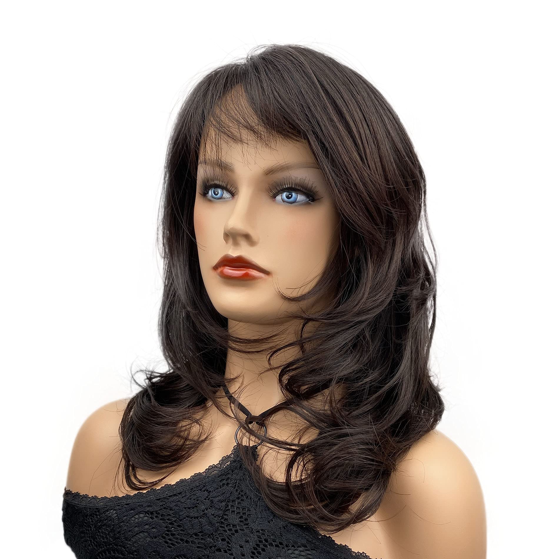 #2-33 Brown: Wiginway Fashion Medium Body Wavy Synthetic Wig for Women Air Bangs Natural Looking Paula Young Wigs 14 Inch