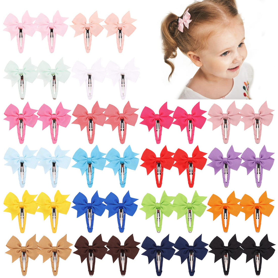 40PCS Snap Baby Hair Bows Clips for Girls Grosgrain Ribbon Fully Wapped 2 Inch Infant Hair Barrettes Accessories for Baby Girls Newborns Toddler