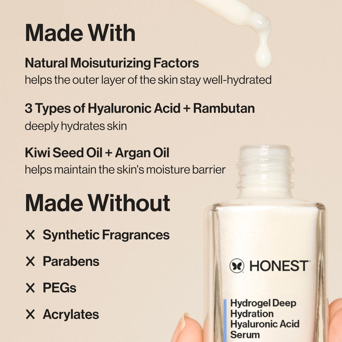 Honest Beauty Hydrogel Deep Hydration Hyaluronic Acid Serum | Moisturizes + Plumps | Hypoallergenic, Fragrance Free, Vegan, Gentle for Sensitive Skin | 1 fl oz