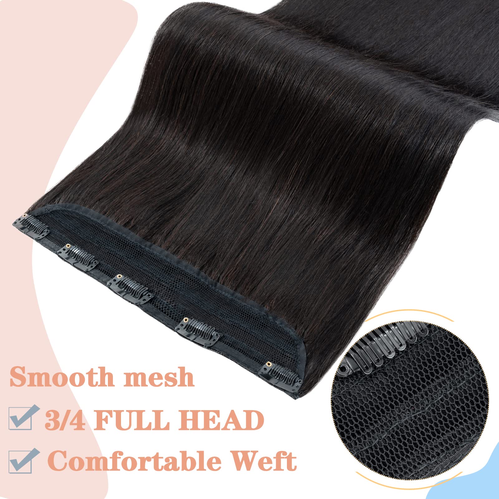 Clip in Remy Human Hair Extensions One Piece 5 clips 100% Remy Human Hair Straight Soft Extensions 3/4 FULL HEAD-Thicker(18-90g,#1B Natural Black)