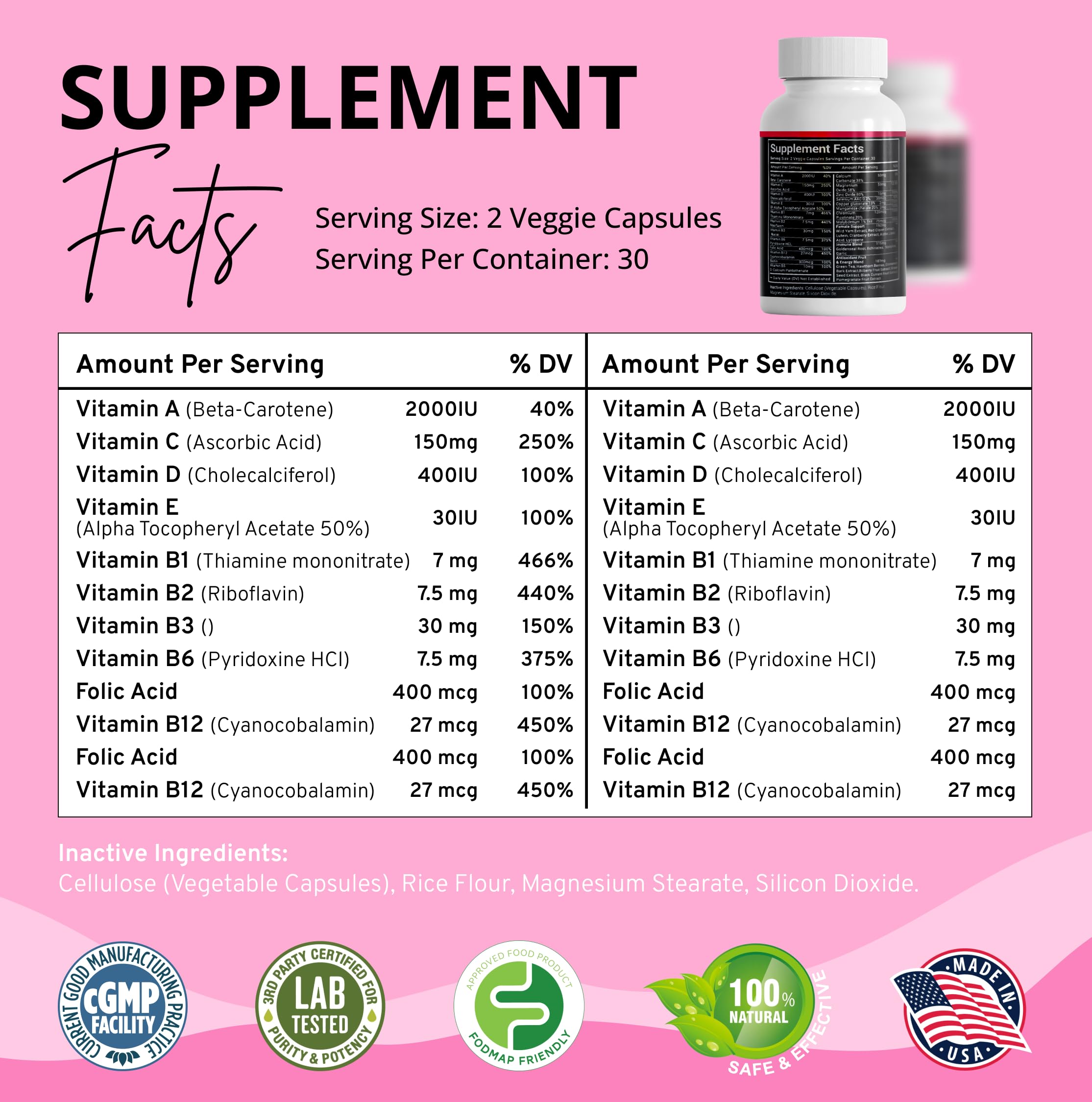 Stellar Labs Low FODMAP Vegan Women's Ultra Multi-Vitamin | Easy to Digest Daily Multivitamin Without Iron | Low Energy Supplement, Female Support | Easy to Swallow Veggie Capsules | 60 Count