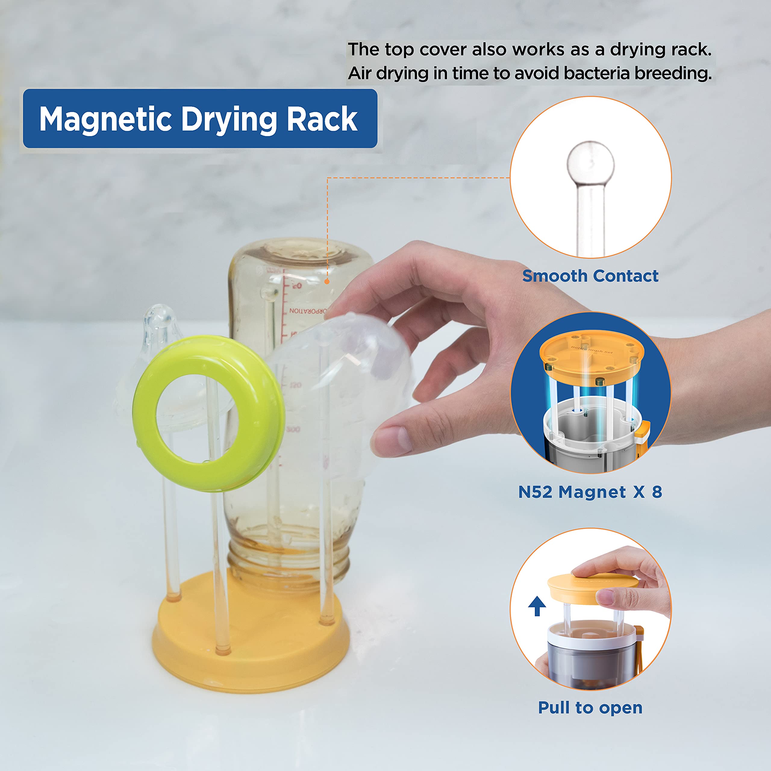 TechoEcho Travel Baby Bottle Brush Set with Extendable Liquid Silicone Bottle Brush,Nipple Brush,Built-in Bottle Drying Rack,Straw Cleaner Brush,Baby Bottle Soap Dispenser,Bottle Warmer (Yellow)