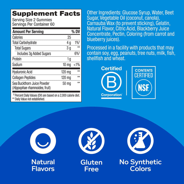 OLLY Glowing Skin Collagen Gummy, Hydrated, Youthful Skin, Hyaluronic Acid, Sea Buckthorn, Chewable Supplement, Berry, 60 Day Supply - 120 Count Pouch (Pack of 6)