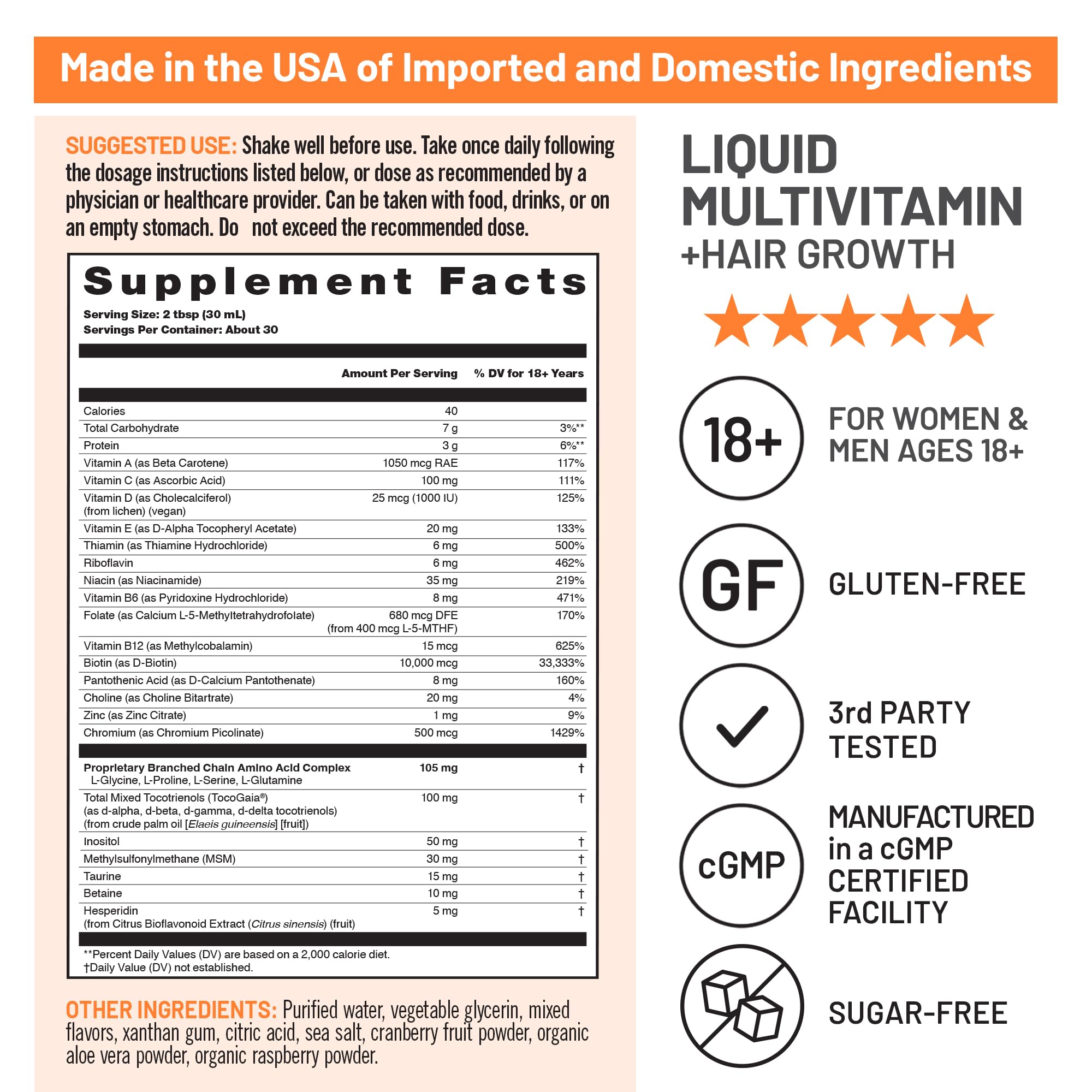 NatureWise Liquid Multivitamin for Hair Growth for Women and Men + Tocogaia® - Biotin - Vitamin D, E, B Complex - Supports Immune, Eye, Nail Health - Ages 18+ - 30 Fl Oz(887 mL)
