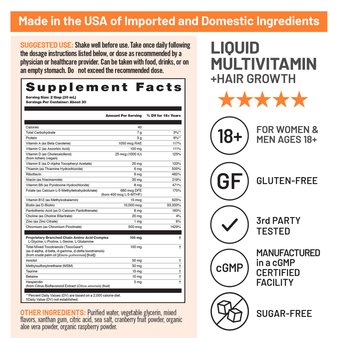 NatureWise Liquid Multivitamin for Hair Growth for Women and Men + Tocogaia® - Biotin - Vitamin D, E, B Complex - Supports Immune, Eye, Nail Health - Ages 18+ - 30 Fl Oz(887 mL)