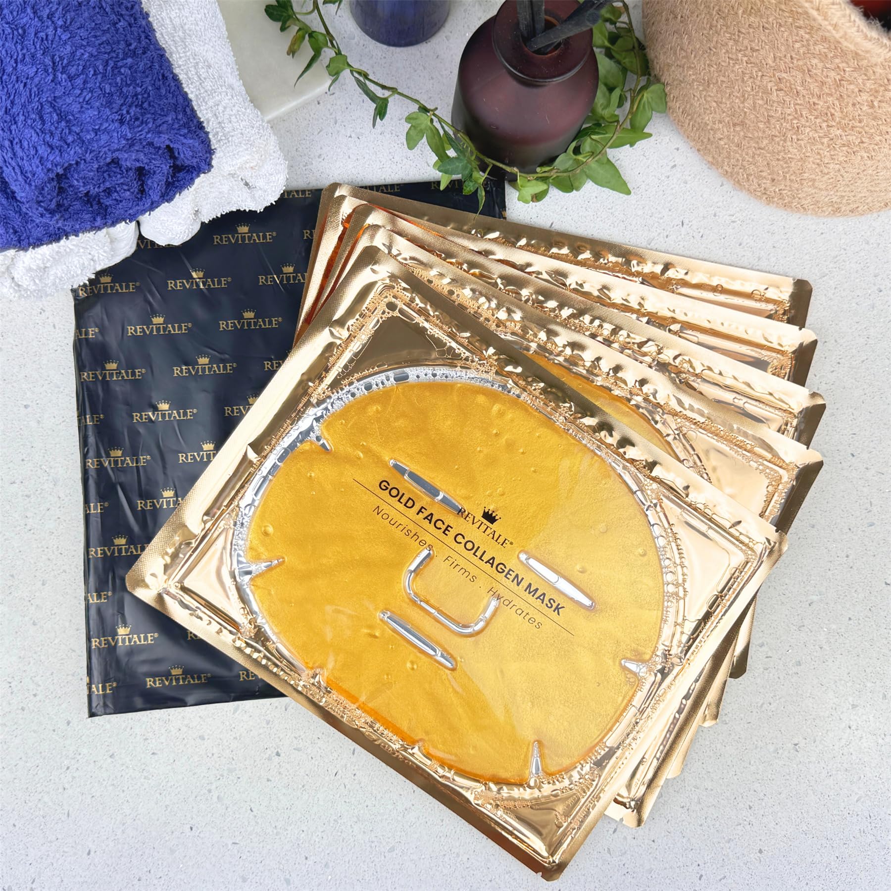 REVITALE 24K Gold Face Mask (5 Pack) - Hydrating & Nourishing Sheet with Collagen and Natural Extracts for Radiant, Moisturised Skin