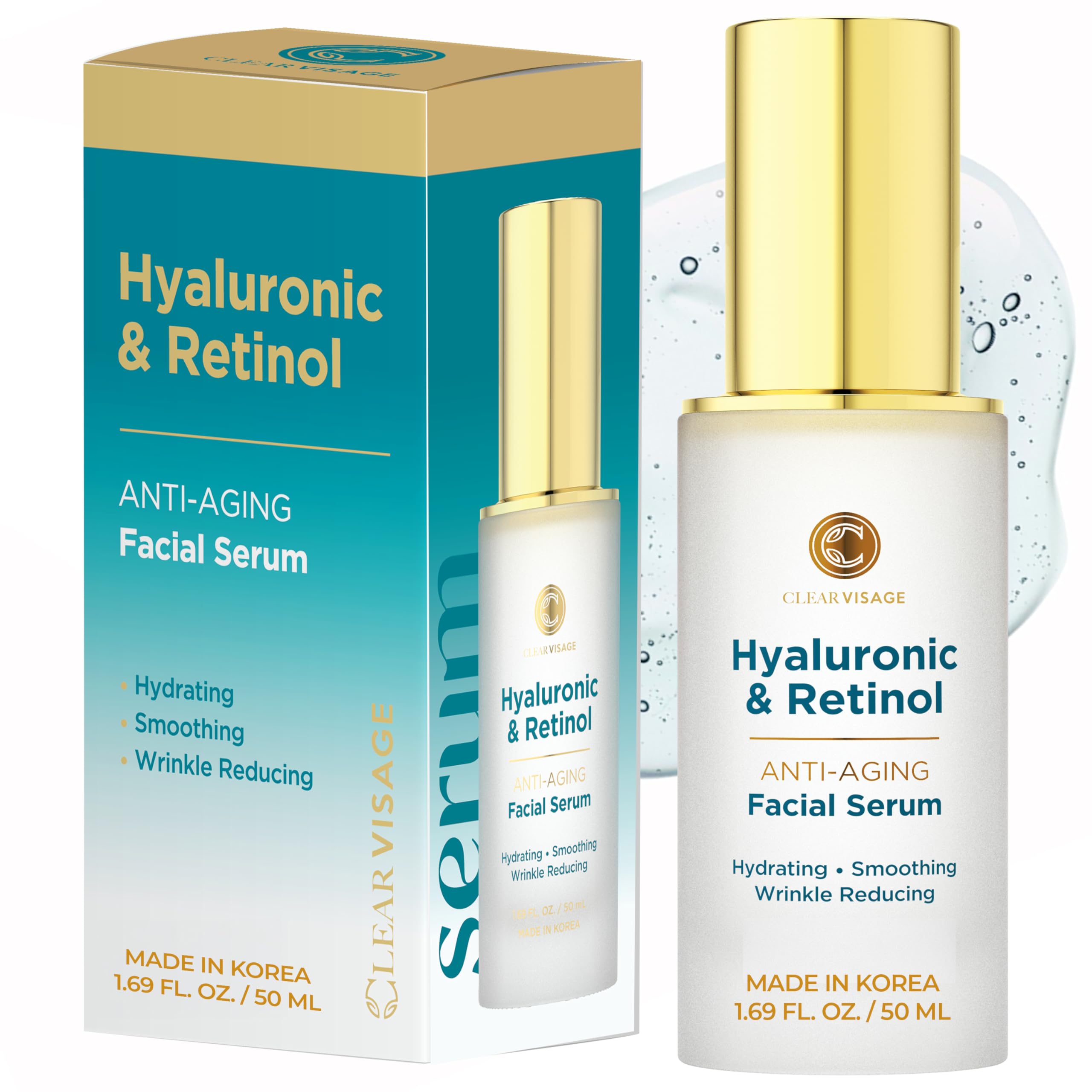Clear Visage Hyaluronic Acid & Retinol Serum - Revitalizing Anti-Aging, Radiant Glowing Complexion, Wrinkle Reduction - Dermatologist Tested, Korean Skin Care, Clean Beauty - 1.69 fl. oz