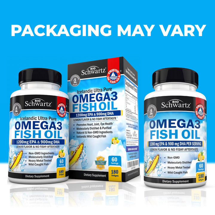 Triple Strength Omega 3 Fish Oil Supplement - 2250mg EPA DHA Omega 3 Fatty Acids from Fresh Wild Caught Fish, Burpless Lemon Flavor Formula Supports Eye Health and More, Gluten Free, 180 Softgels