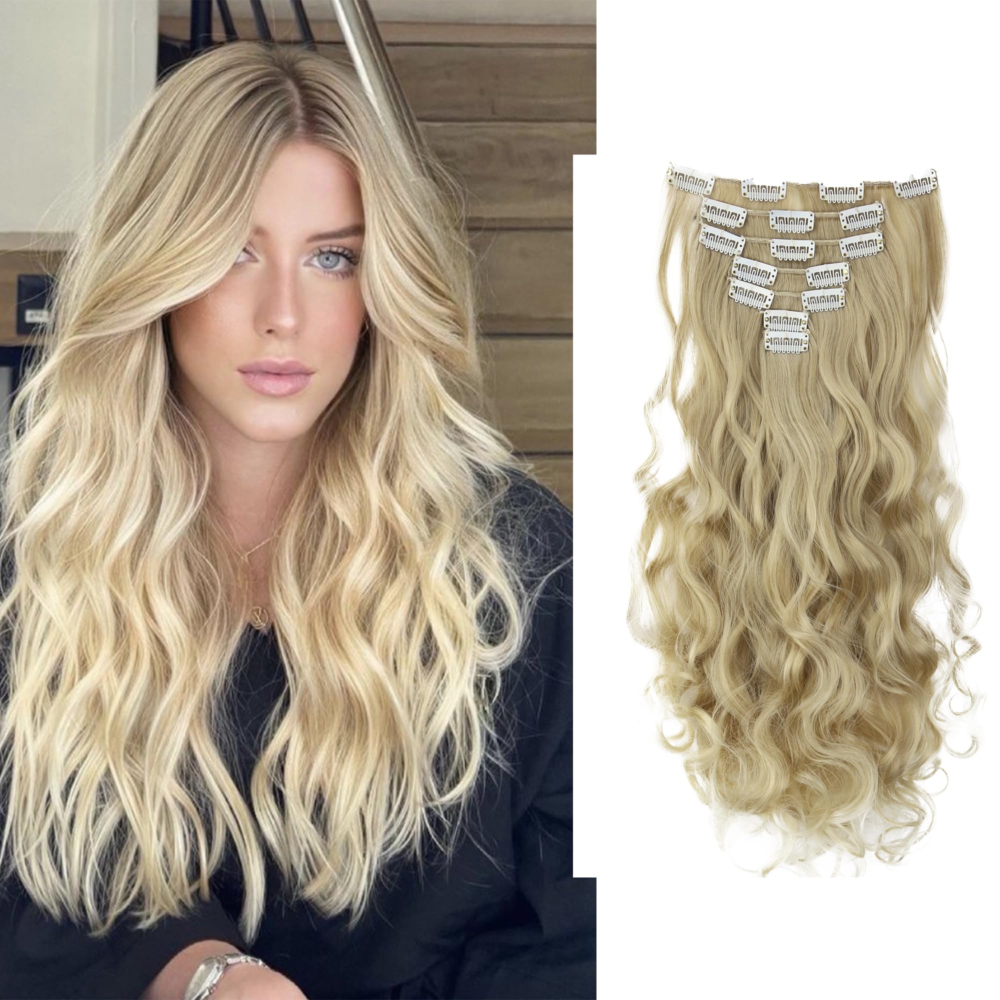 PRETTYSHOP XXL Set 8 pcs 24 Clip In Hair Extensions Full Head Hairpiece Wavy Curled Or Straight Heat-Resisting Div. Colors (bleach blonde mix curled #25T613 CES7-1)
