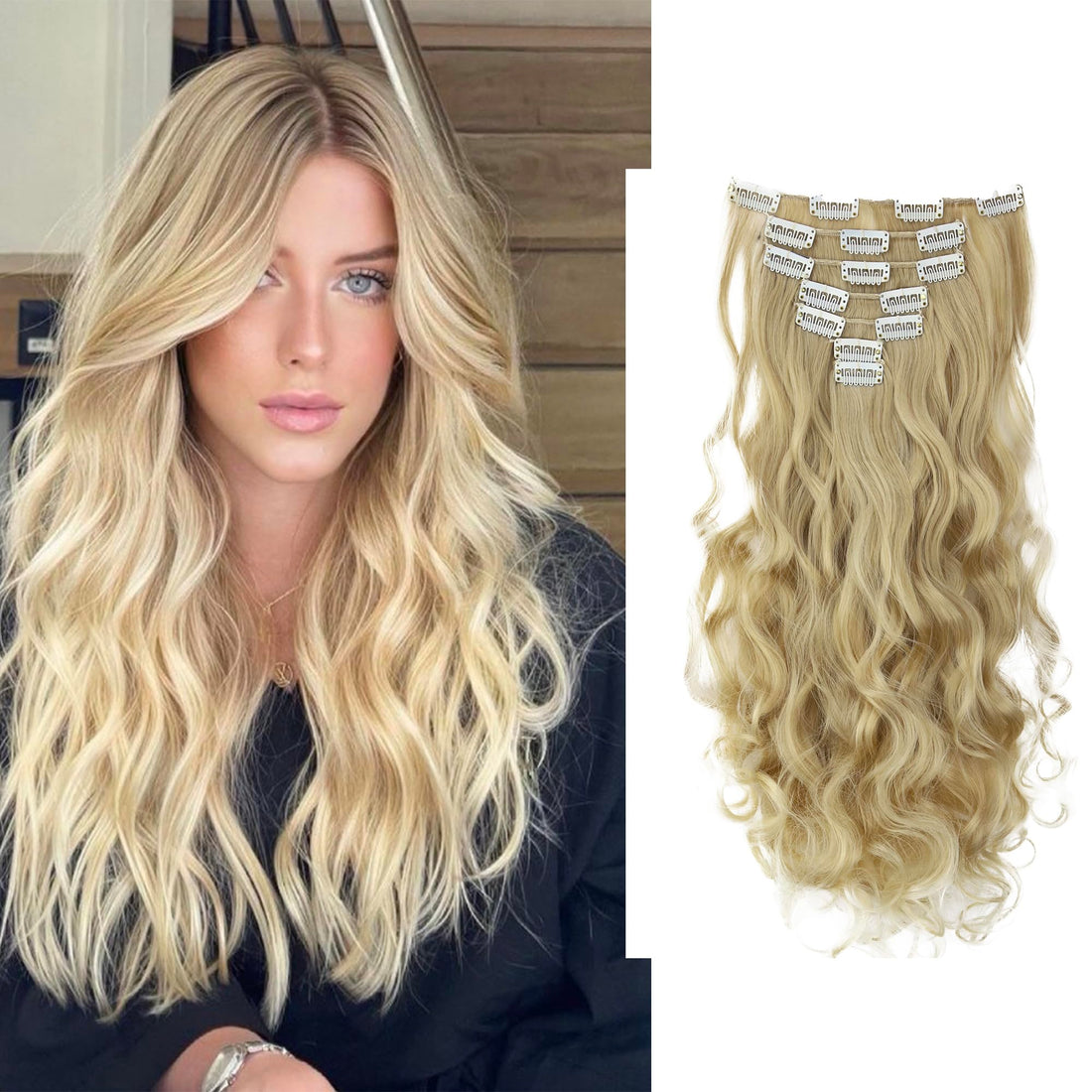 PRETTYSHOP XXL Set 8 pcs 24 Clip In Hair Extensions Full Head Hairpiece Wavy Curled Or Straight Heat-Resisting Div. Colors (bleach blonde mix curled #25T613 CES7-1)