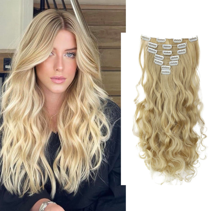 PRETTYSHOP XXL Set 8 pcs 24 Clip In Hair Extensions Full Head Hairpiece Wavy Curled Or Straight Heat-Resisting Div. Colors (bleach blonde mix curled #25T613 CES7-1)