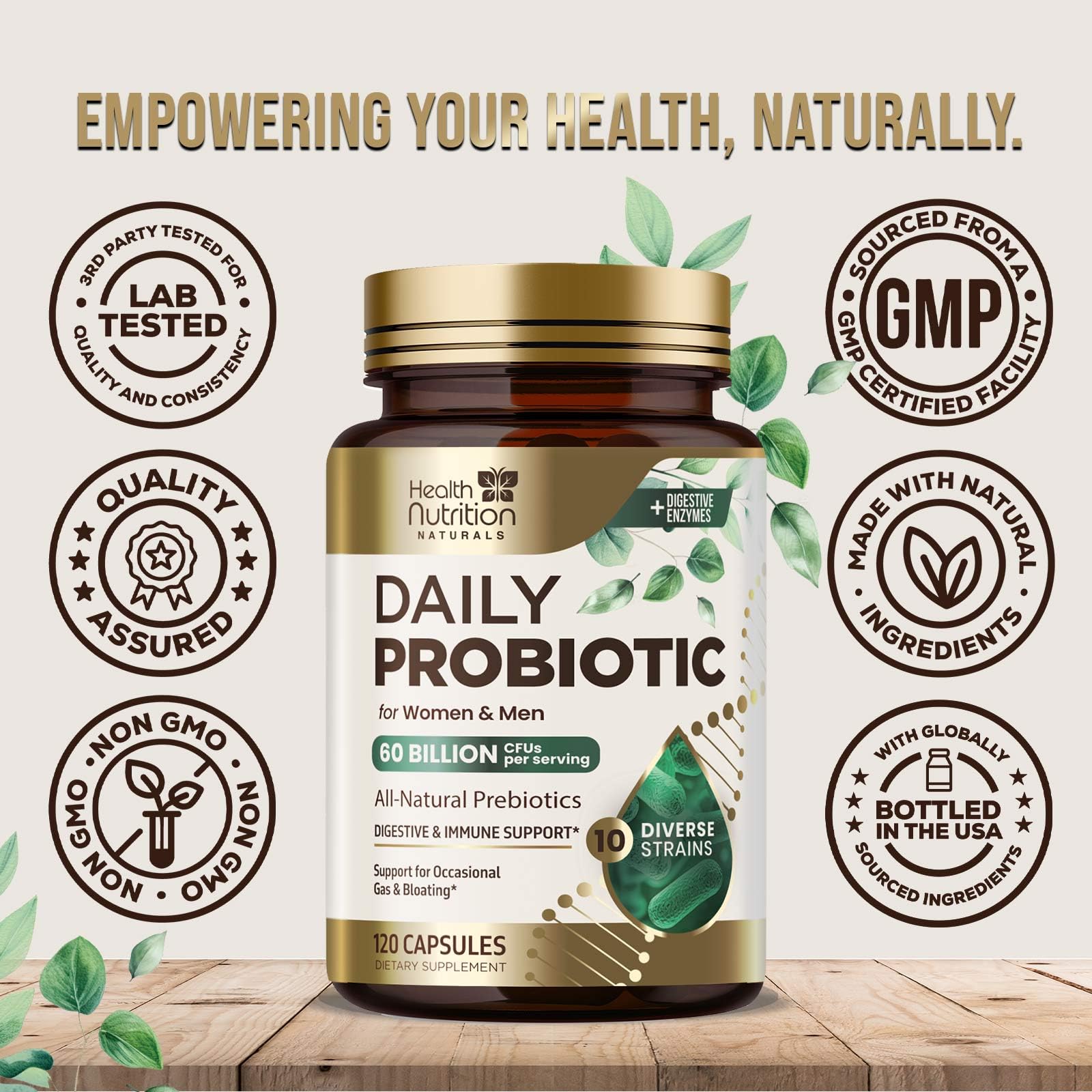 Daily Probiotic and Acidophilus Prebiotics Supplement 60 Billion CFU Capsule for Women & Men - 10 Strains Plus Digestive Enzymes - for Bloating Gas & Gut & Immune Health Support - 120 Capsules