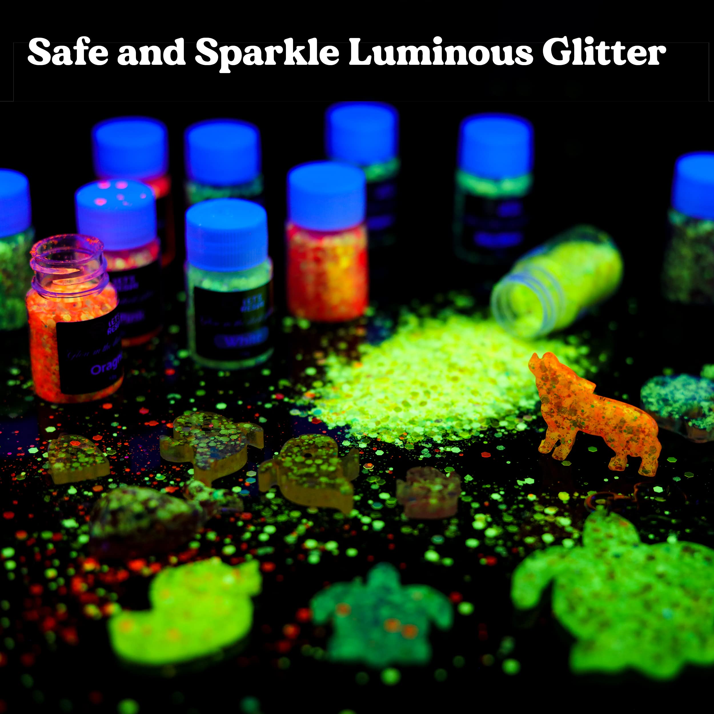 Glow in The Dark Glitter, LET'S RESIN 12 Colors Luminous Chunky Glitter, 0.42oz/Bottle High Luminance Glitter, Chunky Glitter for Resin, Nail, Slime, Tumblers, Halloween