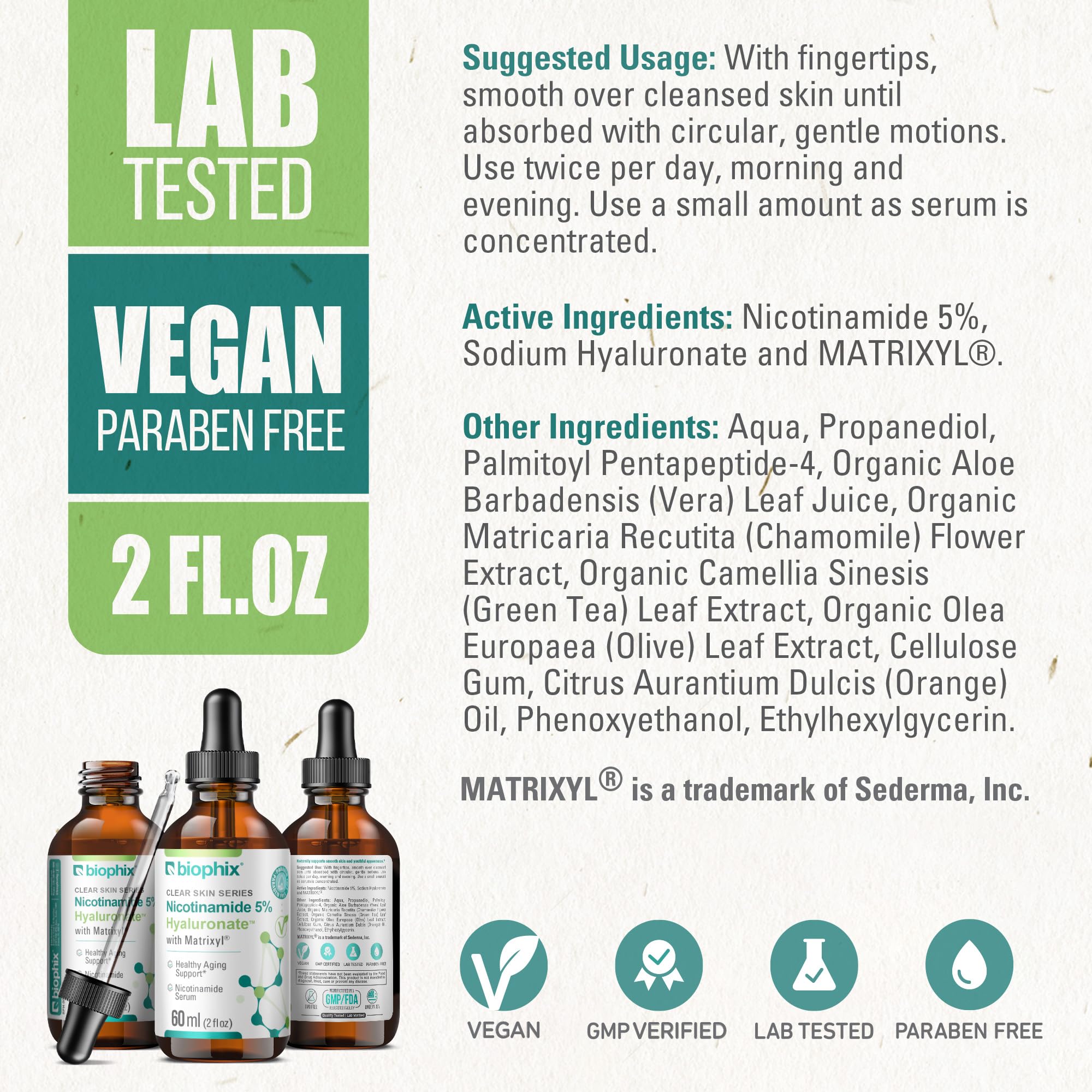 B-3 Nicotinamide Age-Defying Liquid Serum 2 oz - Hyaluronic Acid - Matrixyl ® - Supports Skin Health - Healthy Aging