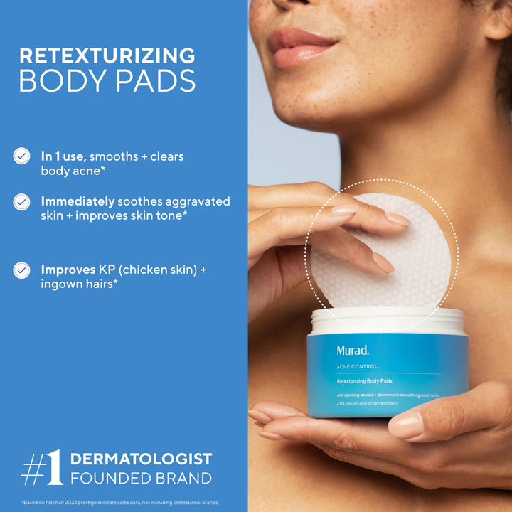 Murad Acne Retexturizing Face & Body Pads - Smooth + Soothe - with Azelaic + Bacteria-Targeting Multi-Acids to Soothe Irritation, Redness, and Providing Oil-Free Hydration, 45Pc