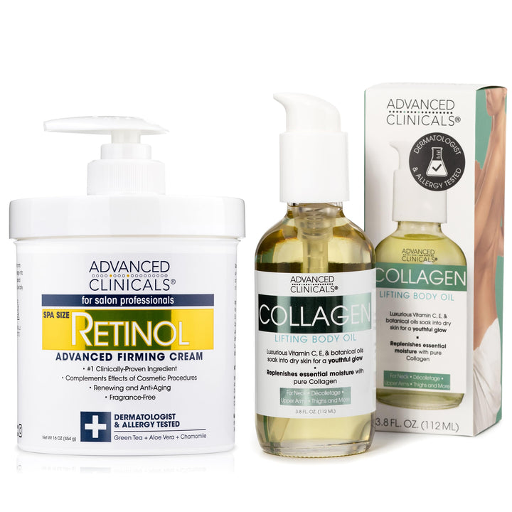 Advanced Clinicals Retinol Body Lotion + Firming Collagen Body Oil 2pc Set | Fragrance Free Retinol Cream Face Moisturizer + Collagen Massage Body Oil | Crepey Skin Care Treatment, 2pc Bundle
