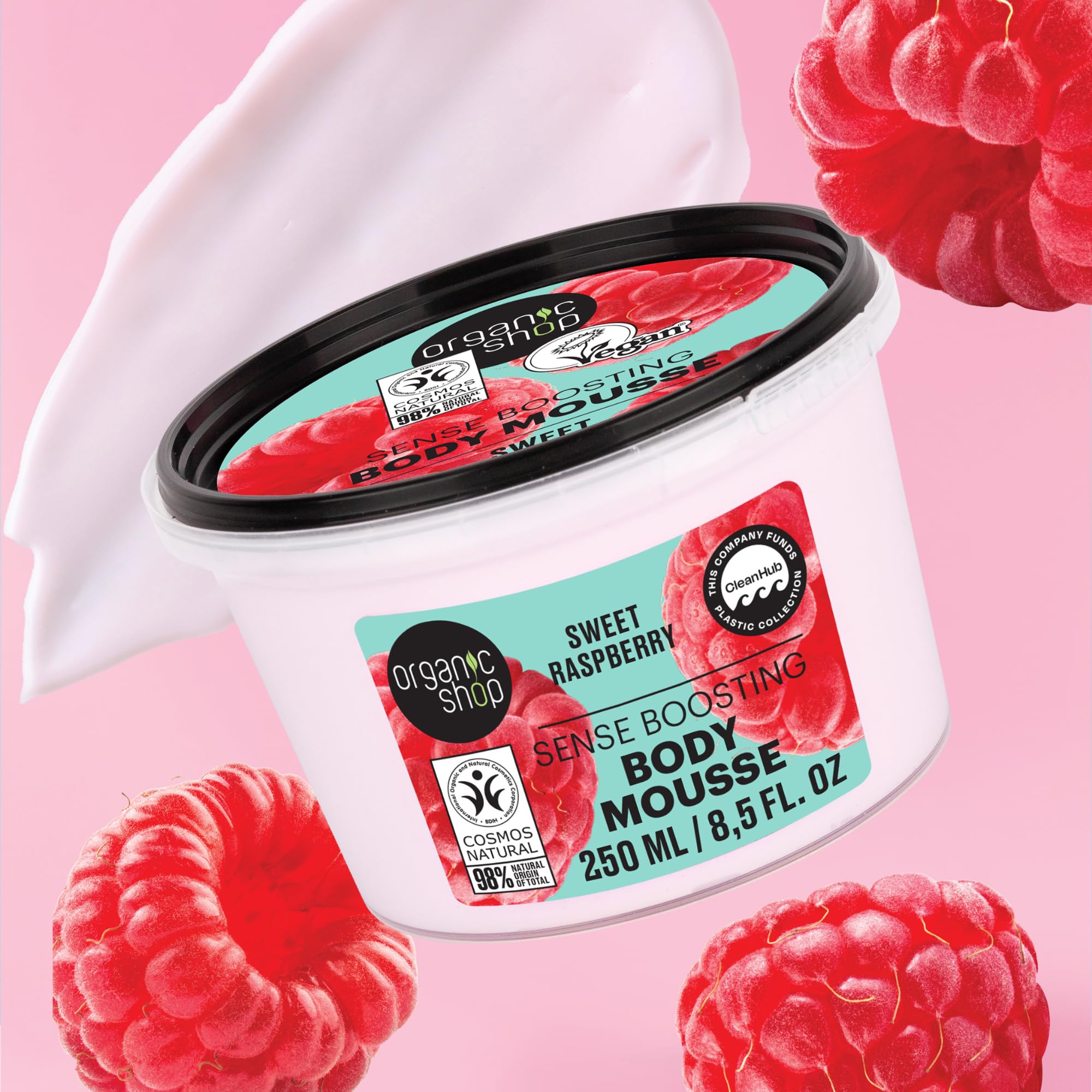 Organic Shop Sweet Raspberry Sense Boosting Body Cream, 100% Vegan & Organic, Daily Moisturizer & Deep Nourishing Body Mousse, Hydrating Natural Lotion, Intensive Care & Skin Toning. 250ml