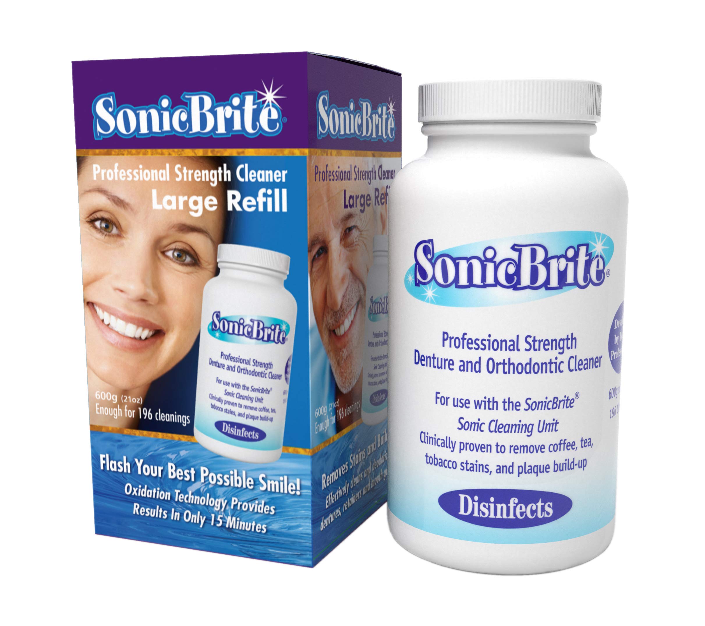 Sonicbrite Professional Strength Denture And Orthodontic Cleaner, New Larger Size, For Use With The Sonic Brite Cleaning Unit, 21 Total Ounces, 196 Cleanings