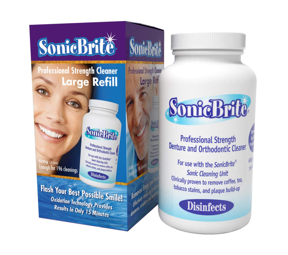 Sonicbrite Professional Strength Denture And Orthodontic Cleaner, New Larger Size, For Use With The Sonic Brite Cleaning Unit, 21 Total Ounces, 196 Cleanings
