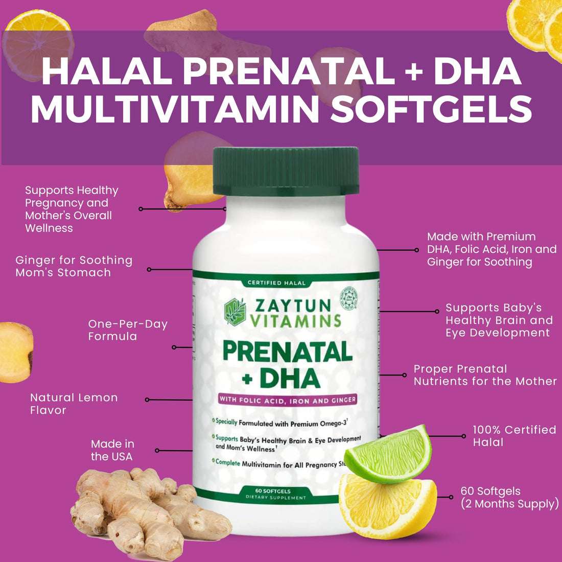 Zaytun Vitamins Halal Prenatal Vitamins + DHA, Folic Acid Iron, Ginger for Soothing, One Daily, for All Pregnancy Stages, Gluten Free, Non-GMO, 60 Softgels, 2 Months Supply, USA Made, Halal Vitamins