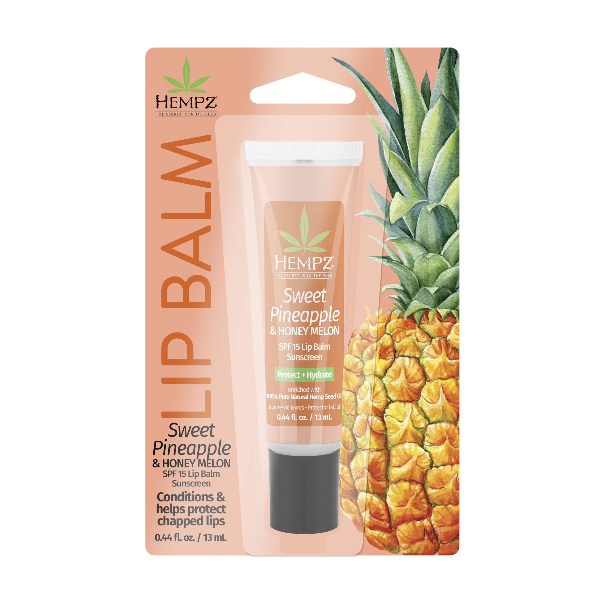 Hempz SPF 15 Lip Balm, Sweet Pineapple & Honey Melon Herbal Soothing Lip Care, for Men or Women .44 oz.