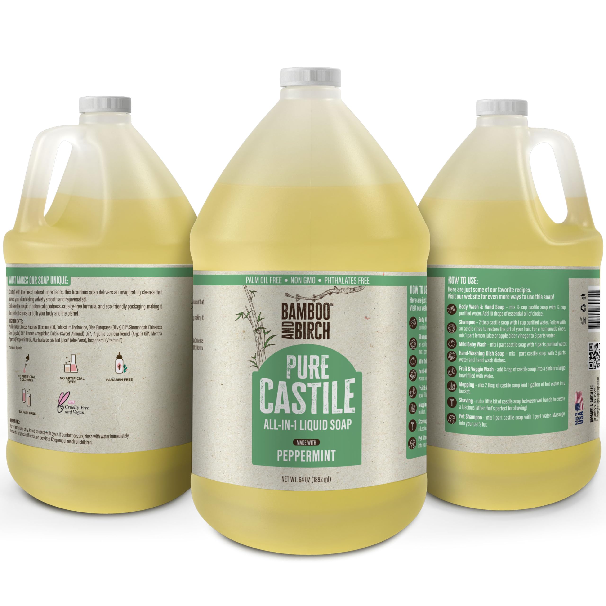 BAMBOO AND BIRCH Pure Castile Soap Liquid Organic, Certified Palm Oil Free Natural Soap, Peppermint, 64 oz