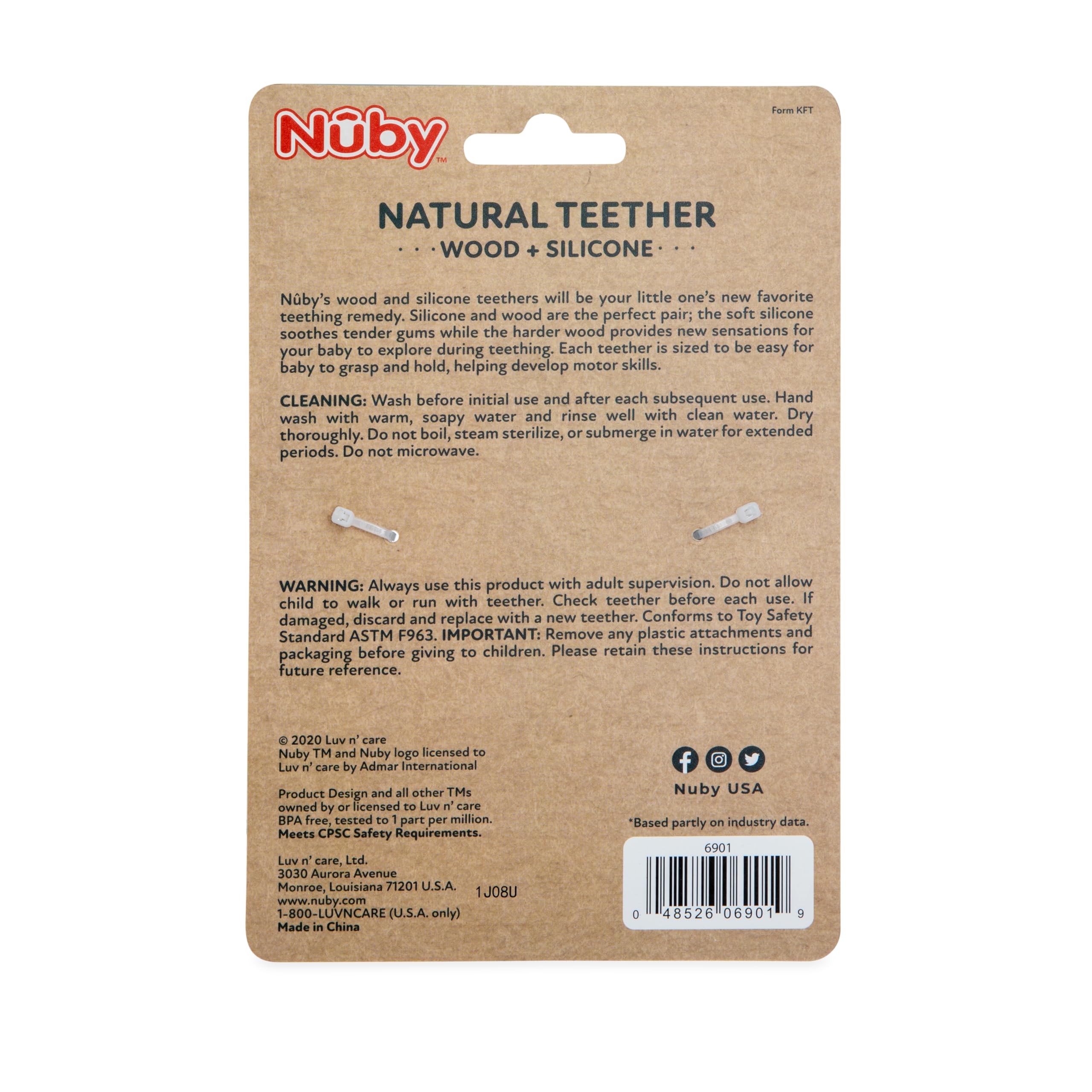 Nuby Natural Wood & Silicone Teether Ring: 3 M+, Elephant, Gray