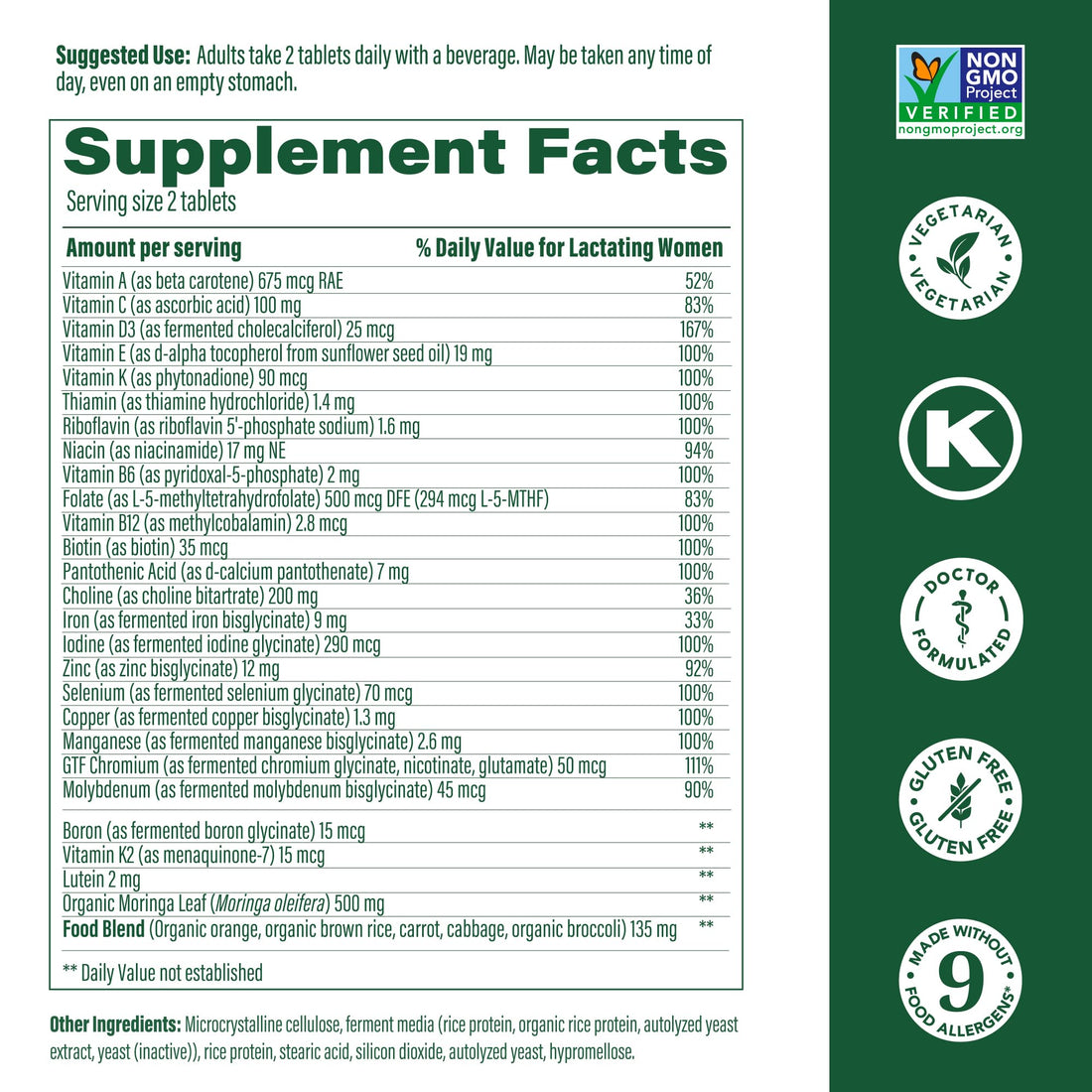 MegaFood Baby & Me 2 Postnatal Vitamins for Breastfeeding Moms with Folate (Folic Acid Natural Form), Choline, Iodine, Vitamin D, Moringa Leaf and More - 120 Tabs (60 Servings)