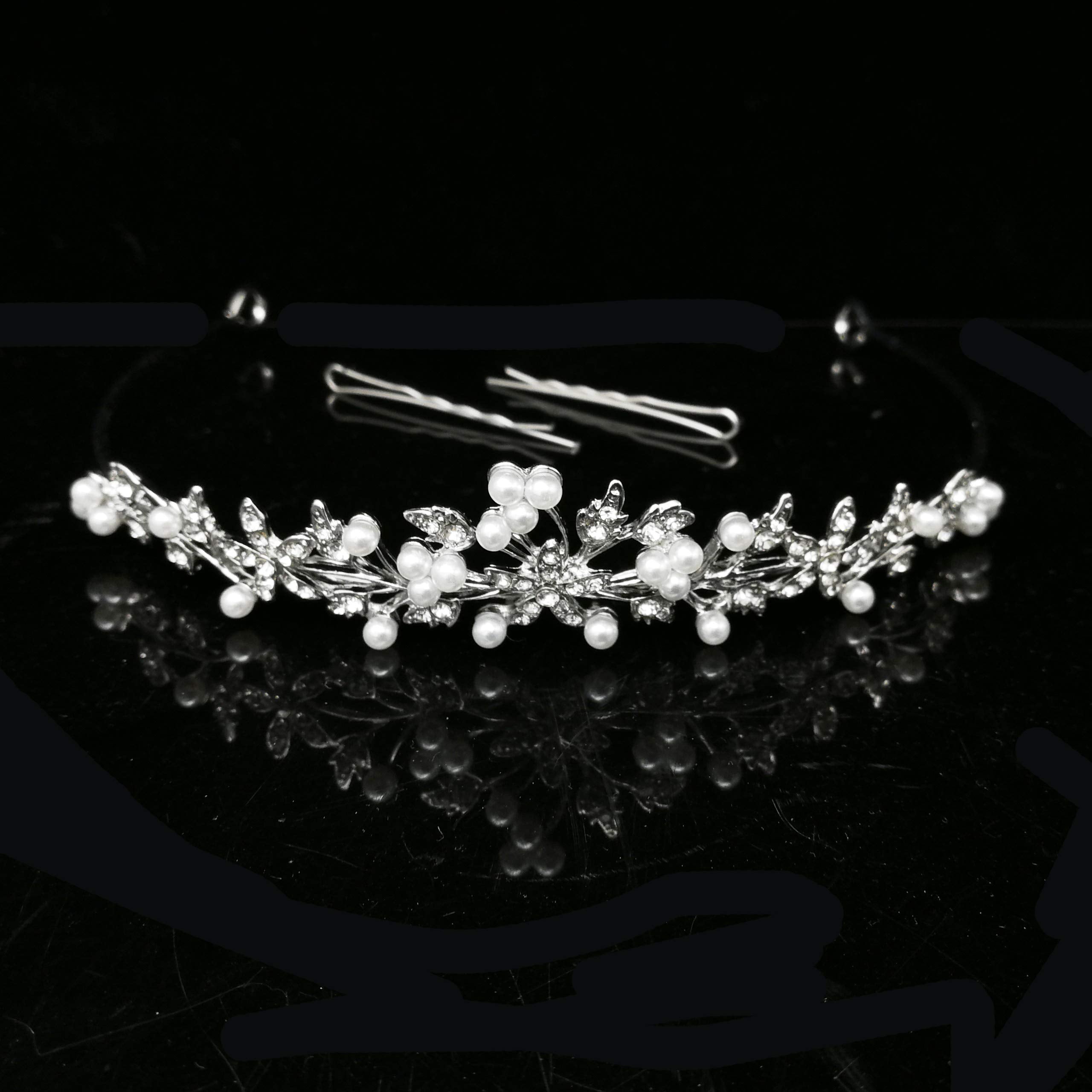 Flower Leaf Faux Pearl Rhinestone Crystal Bridal Tiara Crown Princess Headband For Wedding Prom Silver