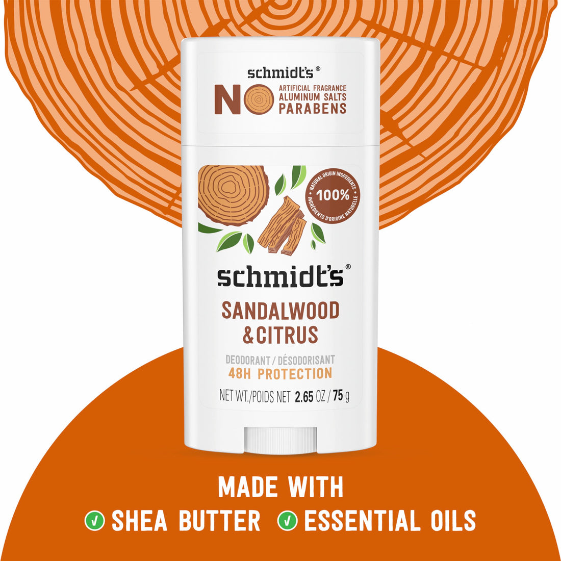 Schmidt's Aluminum-Free Vegan Deodorant Sandalwood & Citrus 2 Count for Women and Men, with 24 Hour Odor Protection, Natural Ingredients, Cruelty-Free, 2.65 oz