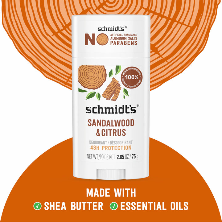 Schmidt's Aluminum-Free Vegan Deodorant Sandalwood & Citrus 2 Count for Women and Men, with 24 Hour Odor Protection, Natural Ingredients, Cruelty-Free, 2.65 oz
