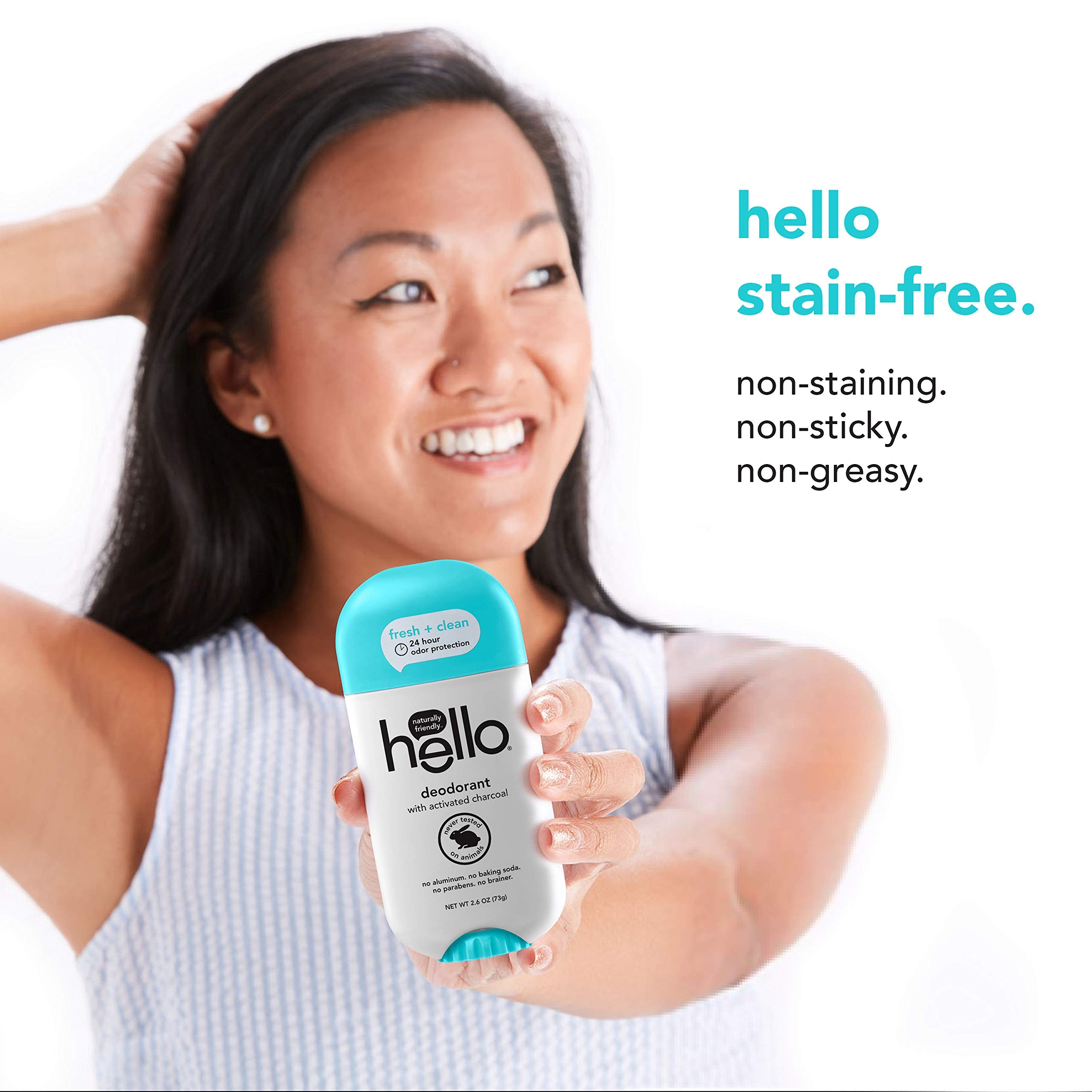 Hello Activated Charcoal Clean + Fresh Deodorant for Women + Men - Aluminum Free, No Baking Soda, Parabens, or Sulfates, 24 Hour Protection, 3 Count