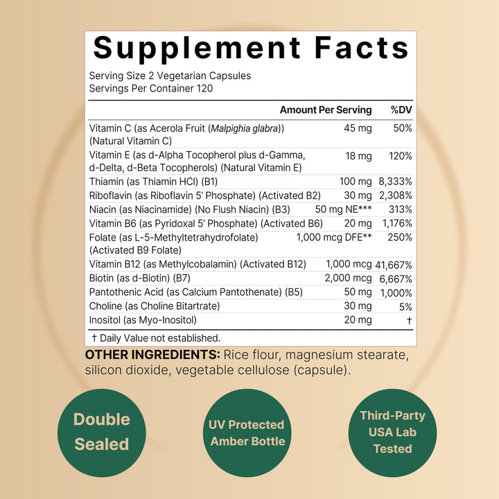 Methylated B Complex Vitamins, 240 Veggie Capsules | Multivitamin B Complex | B12, Folate, Biotin & More – with Natural Vitamin C, E, Choline & Inositol – Immune, Energy, & Prenatal Support