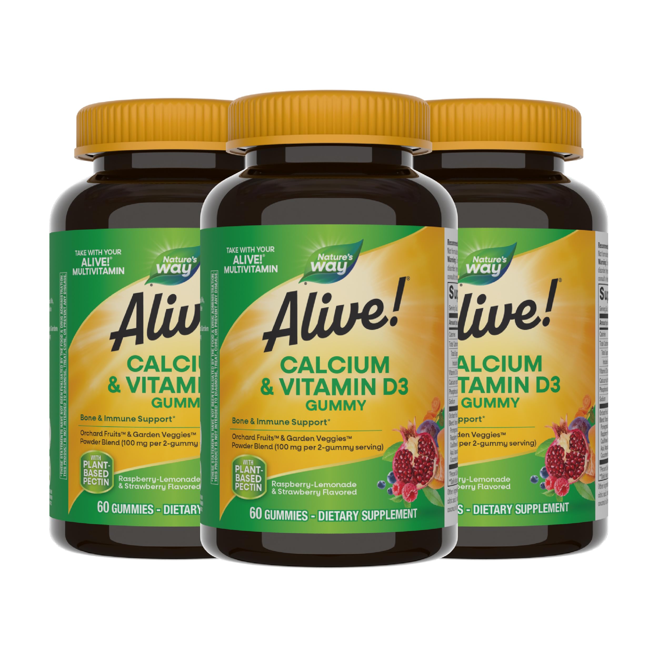 Nature's Way Alive! Daily Calcium & Vitamin D3 Gummies, Bone Support*, Immune Support*, Strawberry and Raspberry- Lemonade Flavored, 60 Gummies (Set of 3)