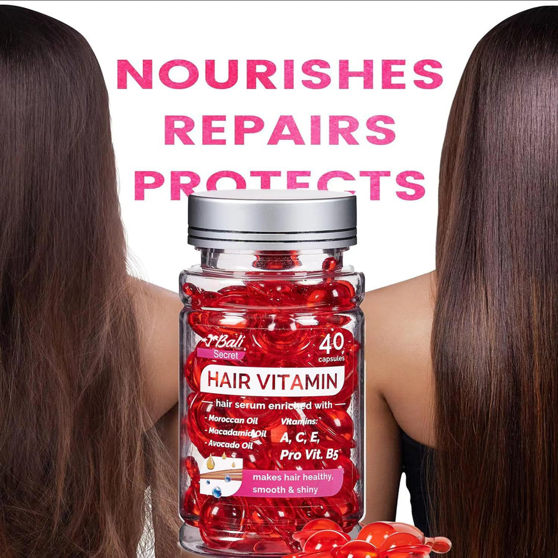 Bali Secret Hussell Hair Treatment Serum - 40 Hair Care Capsules - No Rinse - With Argan Macadamia & Avocado Oils - Vitamins A, E, & Pro B5 - Conditioner for Women & Men