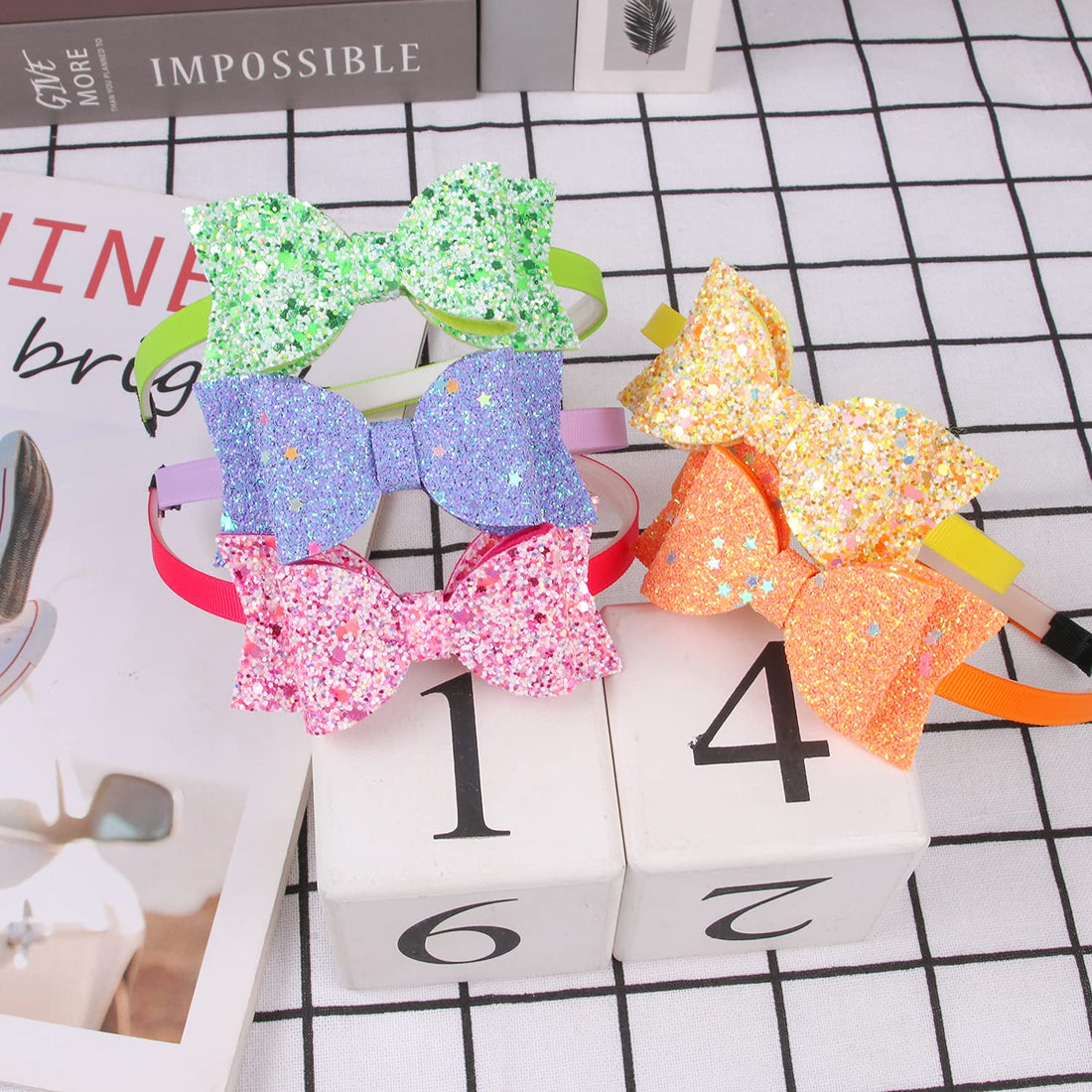 XIMA Bows Headbands For Girls,Kids Headbands 3.5 inch Sequin Glitter Hairband With Bow Little Girls Hair Bands,Pack of 10