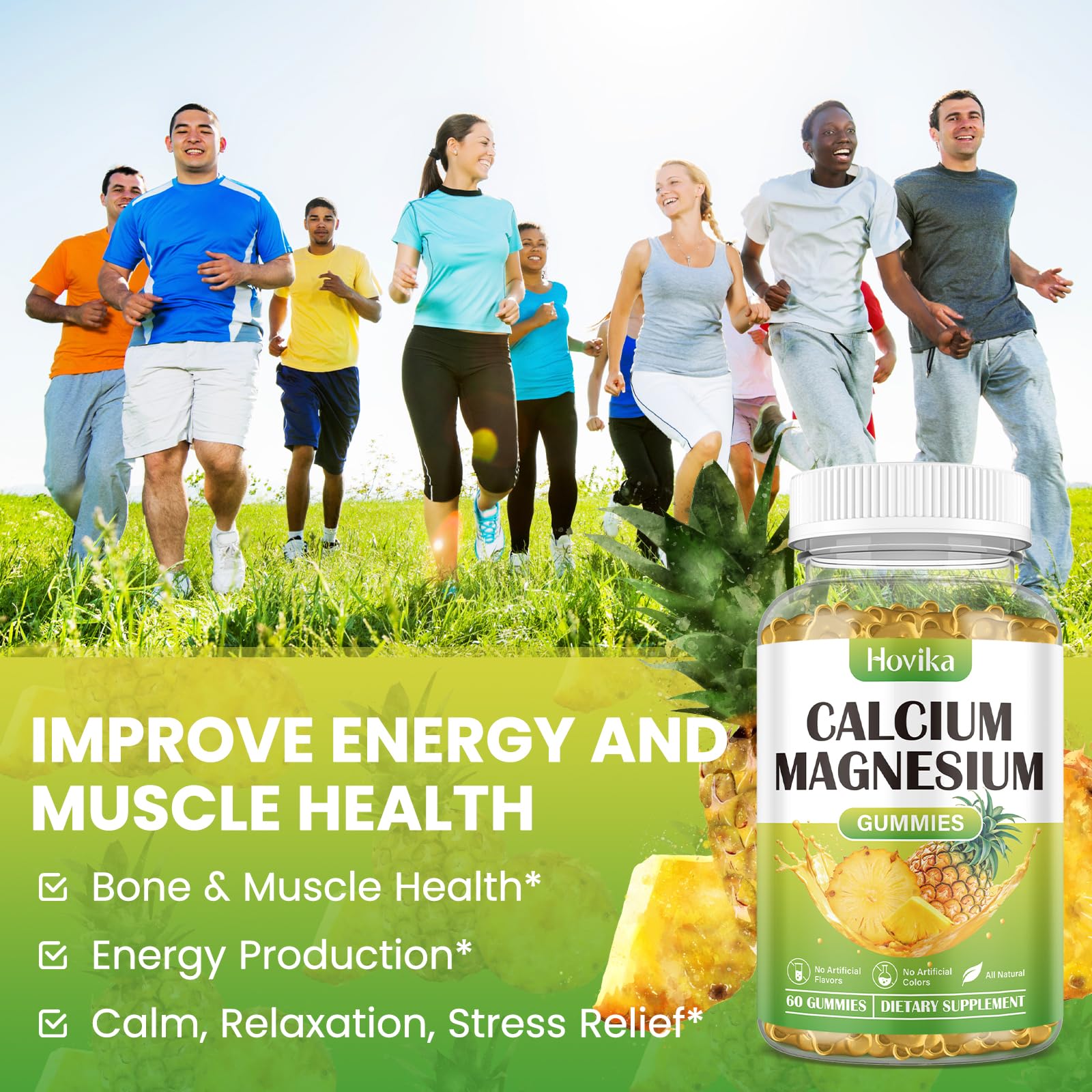 Calcium Magnesium Zinc Gummies, Calcium Magnesium 2:1 Ratio with Vitamin D3, K2, B6, B12 for Bone Strength, Muscle Function & Nerve Health, Extra Absorption Formula, Vegan, Pineapple Flavor 60 Gummies