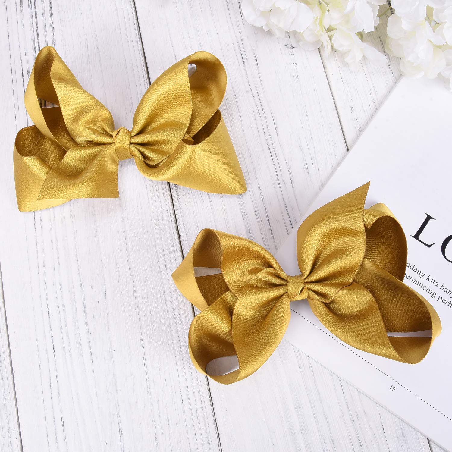 DEEKA 2 PCS 6 Big Hand-made Shiny Glitter Ribbon Hair Bows Alligator Clips Hair Accessories for Little Teen Toddler Girls Kids Set of 2 -Gold