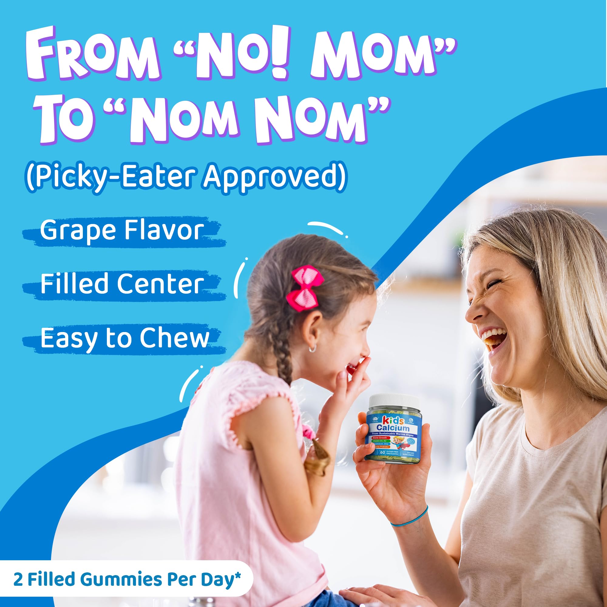 Sugar Free Kids Calcium Gummies with Prebiotics (FOS) 500mg, High Absorption Vegan Algae Calcium for Bone Growth, Kids Vitamin Gummies for Healthy Development with D3 K2, Grape Flavor, Non-GMO, 60 Cts