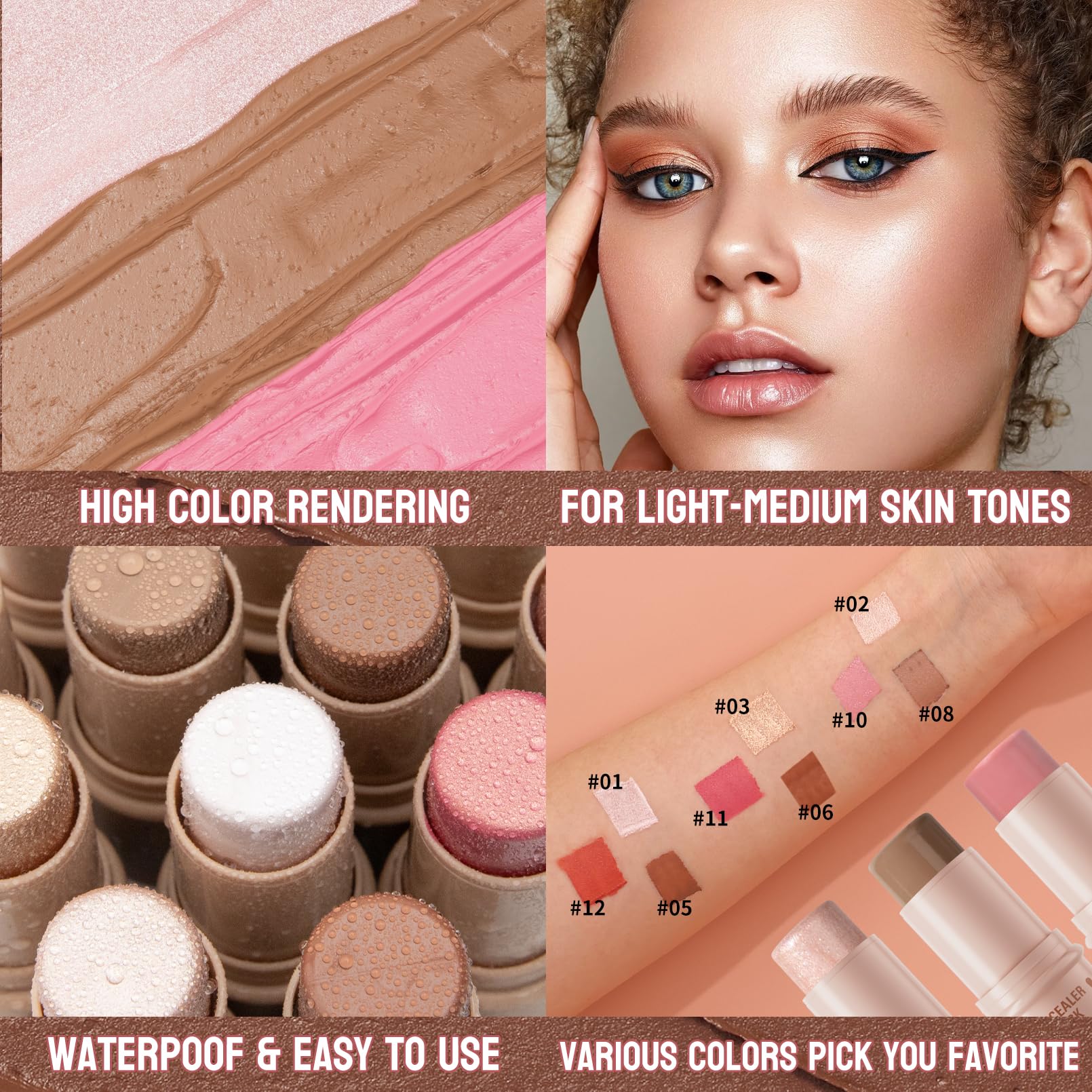 3Pcs Cream Contour Sticks Kit, Highlighter Stick Blush Stick Cream Contour Kit Makeup Set with Brush,Face Brightens & Shades Contour Stick Waterproof for Women Girls(9507-01-05-12, C)