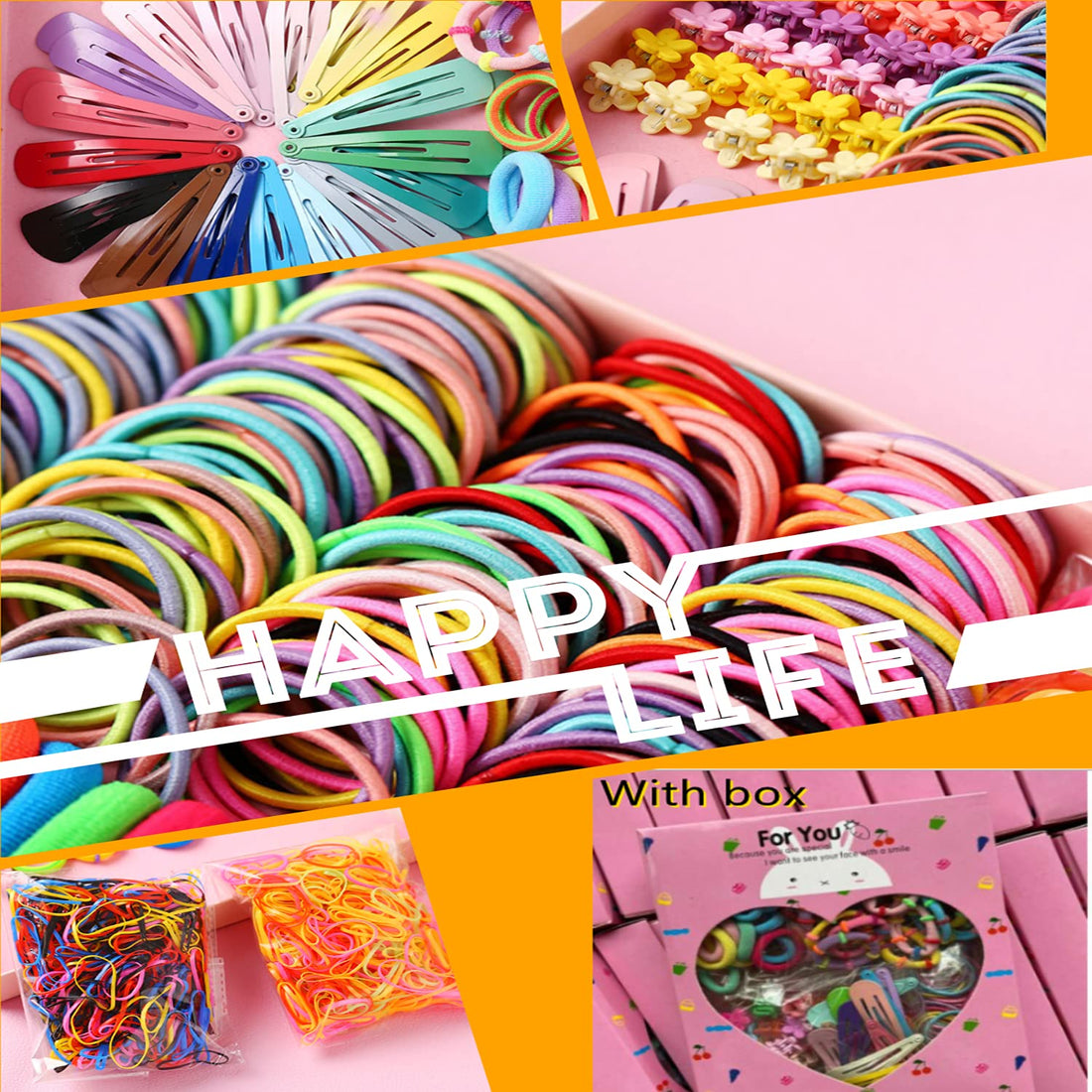 Funern 780 PCS Girls Hair Accessories Set, Elastic Hairbands Small Hair Ties, Slip Metal Snap Hair Clips Barrettes for Kids Teens Women, Pink, 7.5*5*1.5 IN