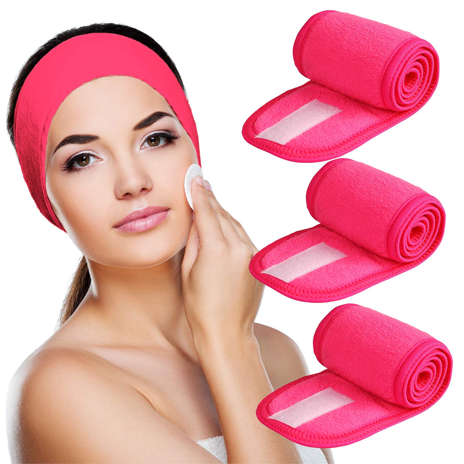 3 Pack Makeup Headband, Denfany Ultra Soft Adjustable Spa Facial Headbands Terry Cloth Stretch Make Up Wrap for Face Washing, Bathing, Showers (Rose Red)