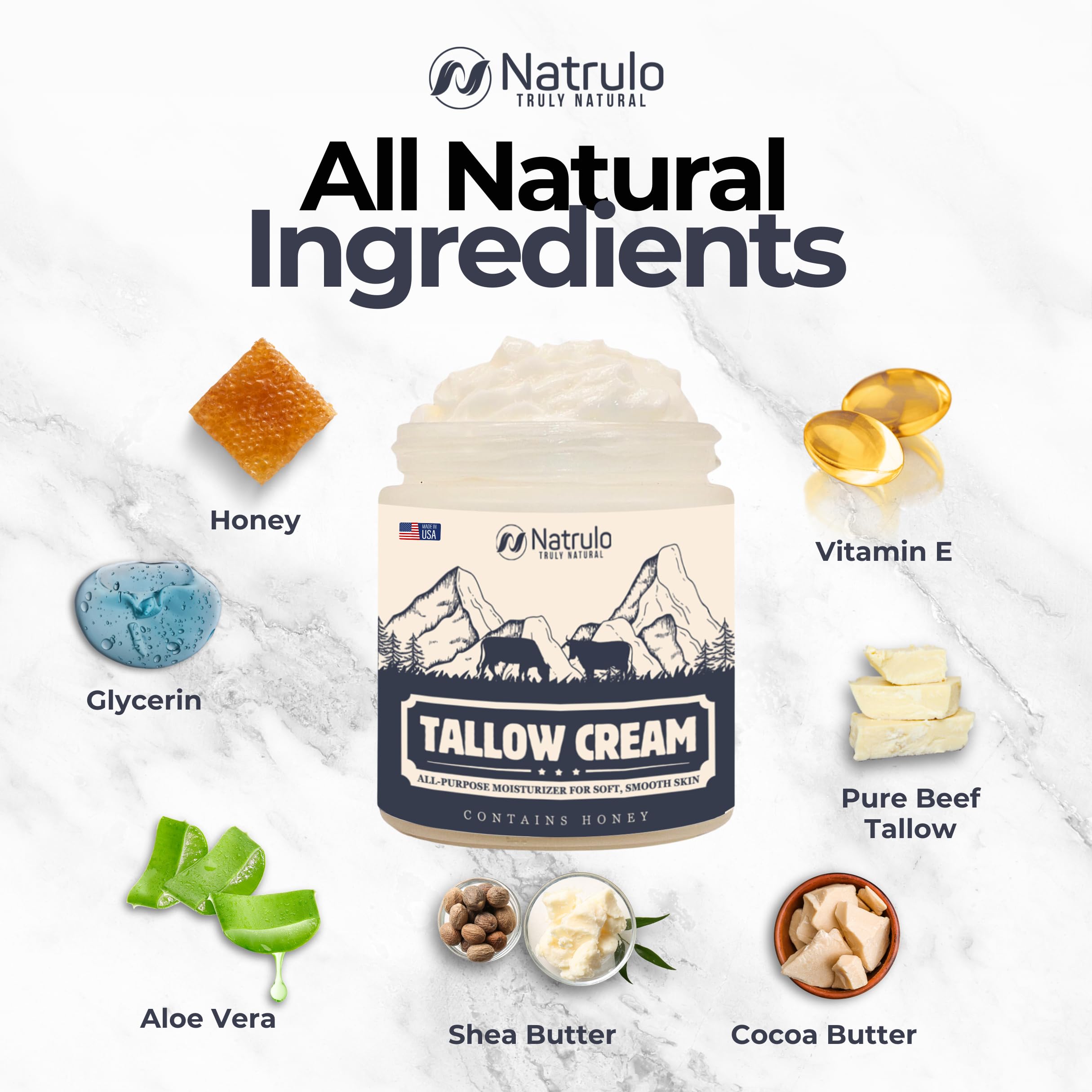 Beef Tallow Cream – All Natural Grass Fed Beef Tallow and Honey All Purpose Balm – Moisturizing Face and Body Lotion for Eczema, Cracked, Dry, Itchy, Irritated Skin – Skin Repair Skincare Made in USA