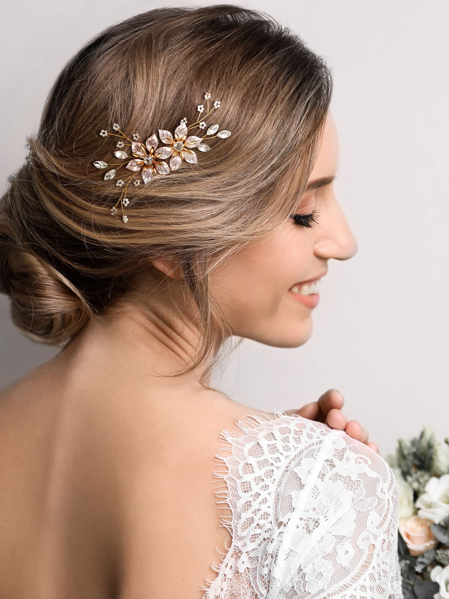 SWEETV Gold Bridal Hair Comb-Handmade Wedding Hair Clip Wedding Hair Accessories for Women