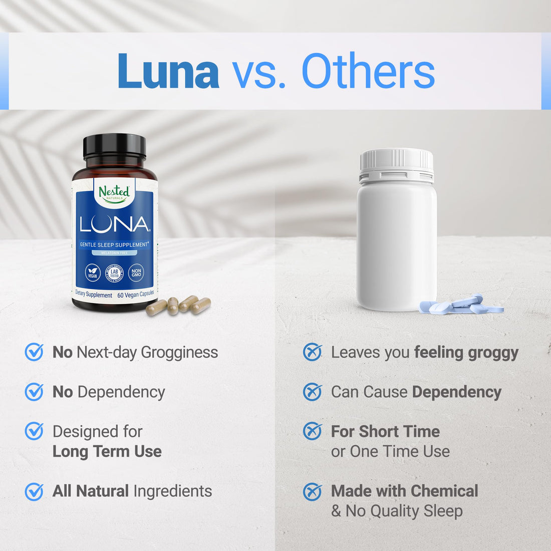 Nested Naturals Luna Sleep Supplement, Melatonin Free, Non-Habit Forming Herbal Sleep Supplement, Adult Bedtime Support, Help Sleeping w/Chamomile, Valerian, L-Theanine, 60 Vegan Capsules
