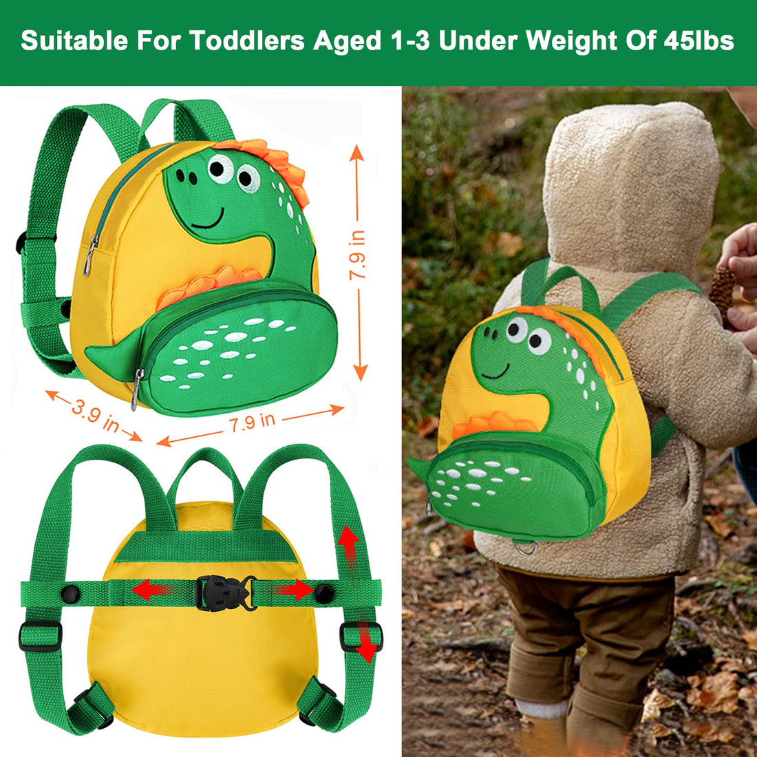 Accmor Toddler Harness Backpack with Leash, Cute Kid Dinosaur Backpacks with Anti Lost Wrist Link, 4 in 1 Mini Child Harness Leash Walking Wristband Rope Baby Protection Belt for Boys Girls (Yellow)